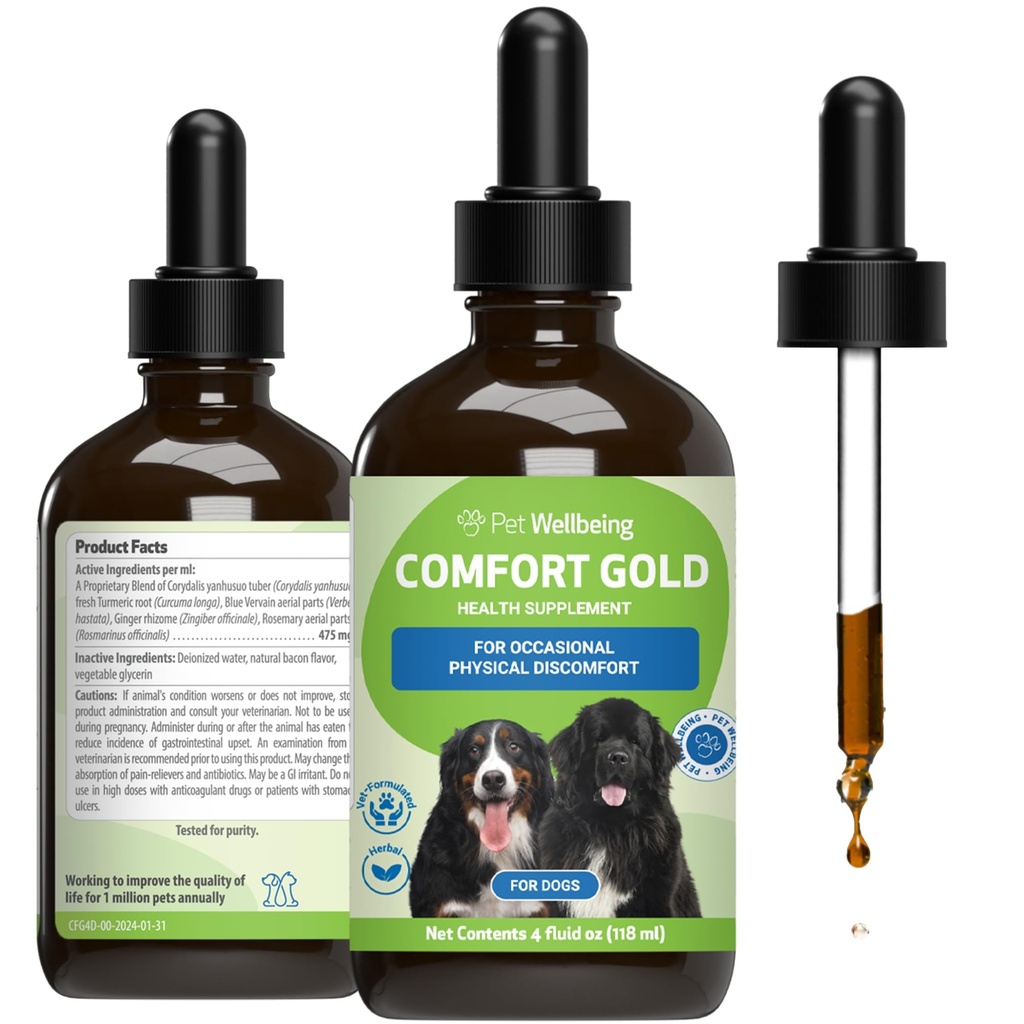 Petwelling Comfort Gold for Dogs - 支持犬类体质舒适,健康循环,Corydalis,Turmeric - 兽医配药草药补充剂 4 oz (118 ml)