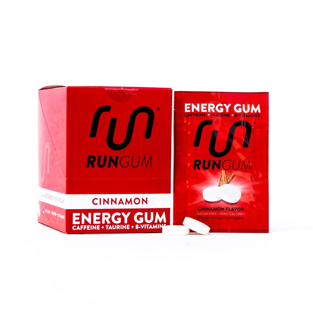 RUN GUM 肉桂能源 Gum 50mg Cafeine Taurine & B-Vitamins Per Piecle, 24 Piecle (Pack of 12), 2 Piecles = 1 咖啡或能源饮料,无糖,零卡路里