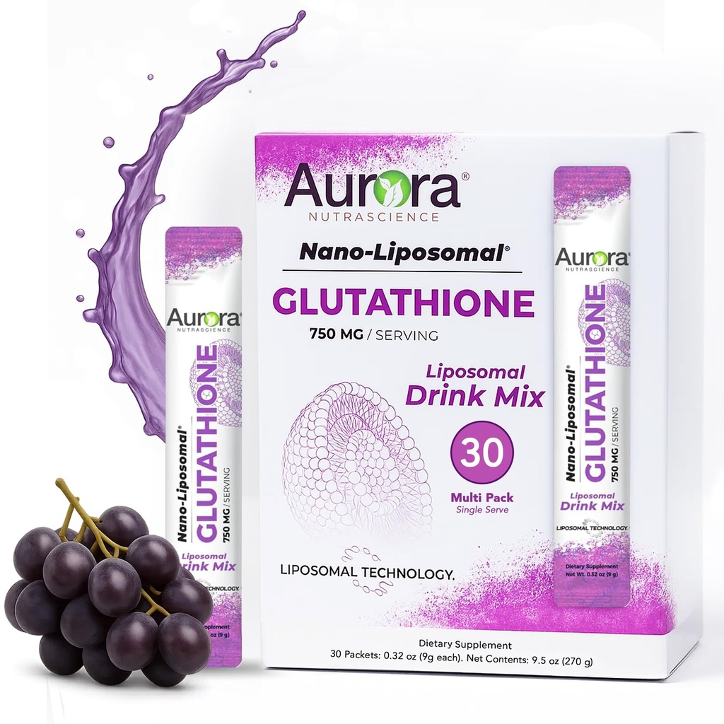 Aurora Nutrascience Nano-Liposomal Glutathione, 葡萄粉末饮料混合剂和抗氧化剂Gut健康支持补充剂,每服750毫克,非GMO,无糖,30个单一服务包