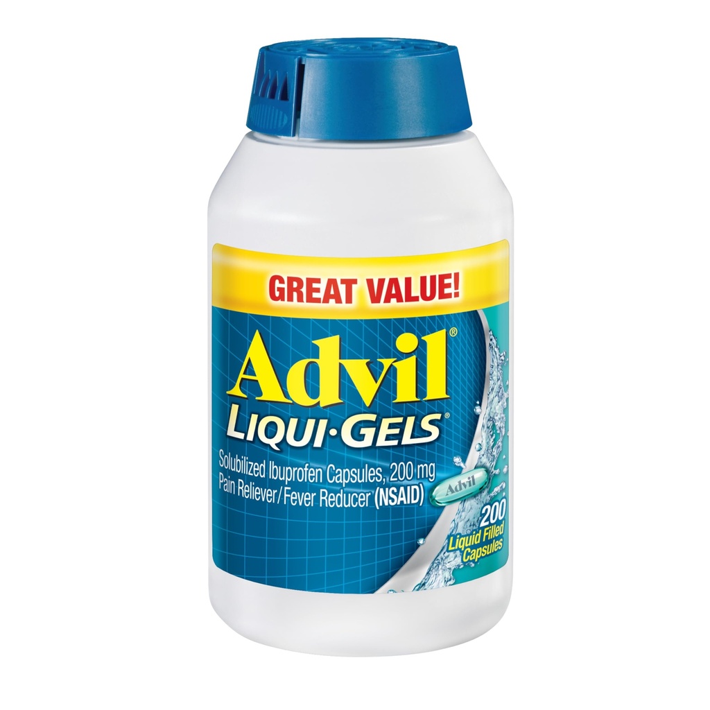 Advil Liqui-Gels 止痛药和减热药,治疗头痛、背痛、月经疼痛和联合止痛的成年人200毫克的止痛药 -- -- 200个液体填充盖