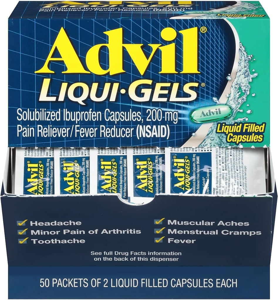 Advil Liqui-Gels Pain Reliver/Fever Reductioner,溶液化的Ibuprofen 200mg,2/Packet,50 Packets/Box (016902)
