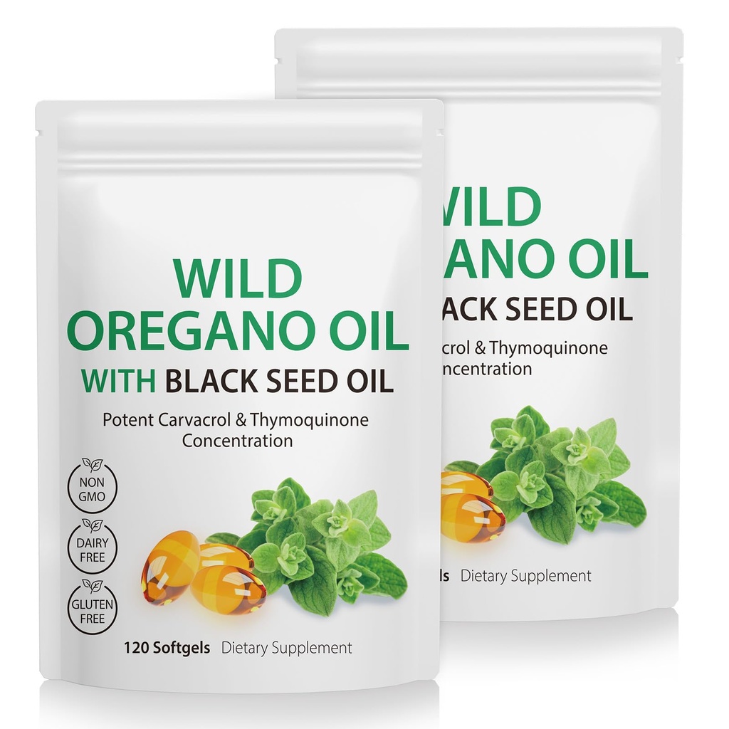 2 Pack Oregano Softgels, Oregano Oil Capsules, 165mg Carvacrol, 2 in 1 Oregano 配以黑种子油的配方油 200mg, Oregano Oil 补充油 Capsules