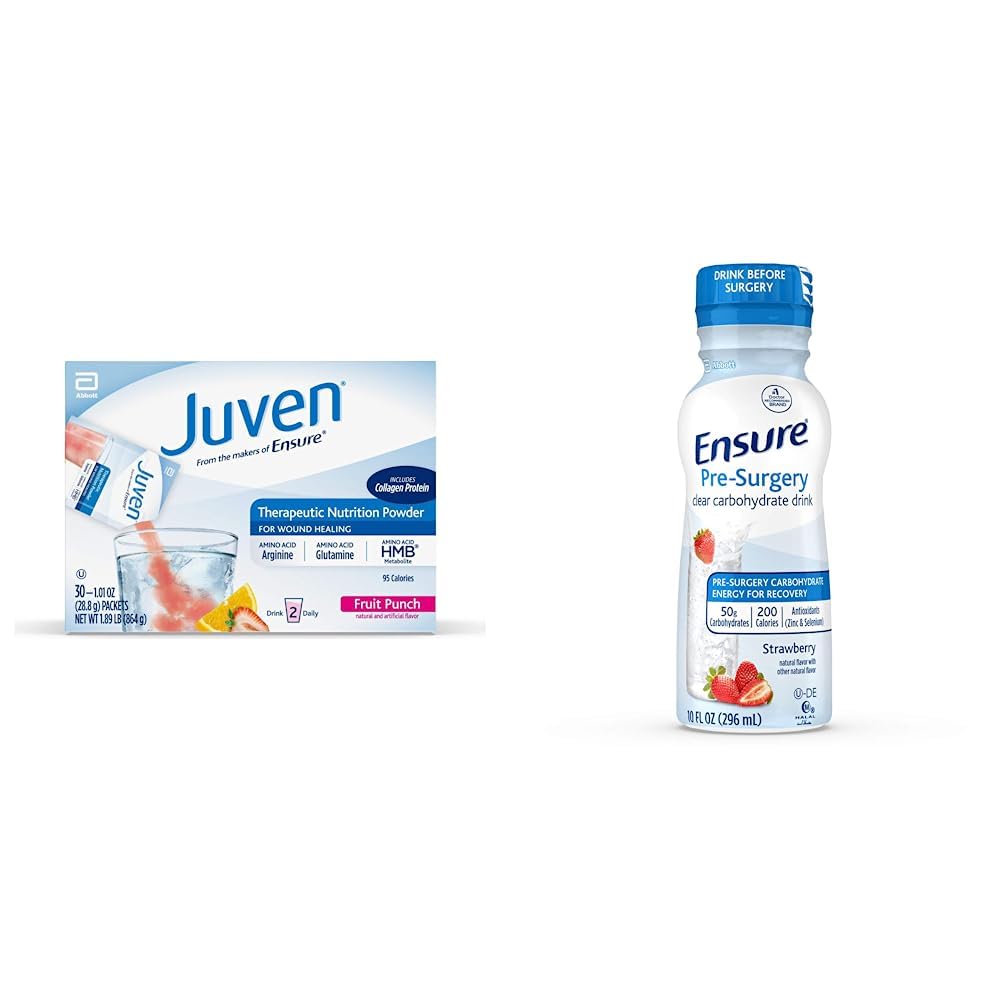 Juven治疗营养 饮用治疗伤痛的混合粉剂,包括Collagen蛋白、水果扑克、30个数和确保前手术、清卡波水合物饮料、草莓、10个福尔兹、4个数