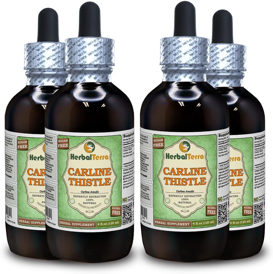 Carline Thetle (Carlina acaulis) Glycerite, 干根无酒精液体提取(Brand name: Herbalterra, 光荣在美国制造) 4x4 fl.oz(4x120 ml)