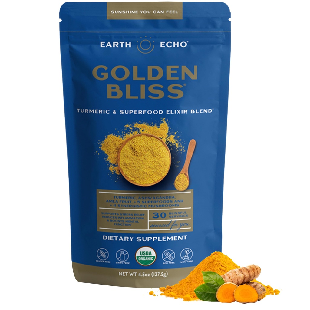 Earth Echo Golden Bliss, 有机涡轮超级食品 Elixir Blend 配有 Ashwagandha Root, MCT Oil 和 4 Mushro Blend 用于安息睡眠, 免疫支持和减少刮伤, 无乳品, 30种服务