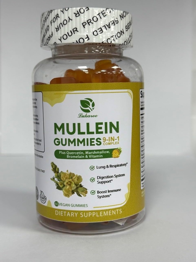 卢卡雷9 in 1 Mullein Gummys, Mullein Leaf extract w/Quercetin, Bromelain, Elderberry & Marshmallow for Immune, Vegan, 60 Count