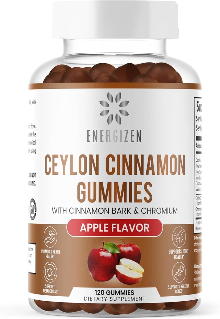 肉桂 + 铬 Gummys - 120 Vegan Gummys - 联合疼痛和脑健康支持,无糖,抗氧化剂富含,非GMO,Gluten无糖补充,天然苹果 Flavor