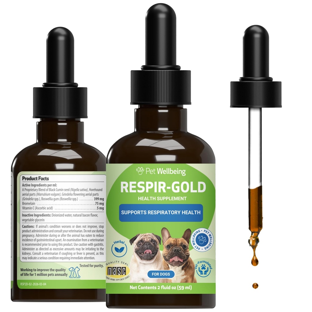 Petwelling Respir-Gold for Dogs - 支持健康呼吸,开放航空,呼吸支持,黑库明,Horehound,Grindelia - 兽医-外形草药补充剂 2 oz (59 ml)