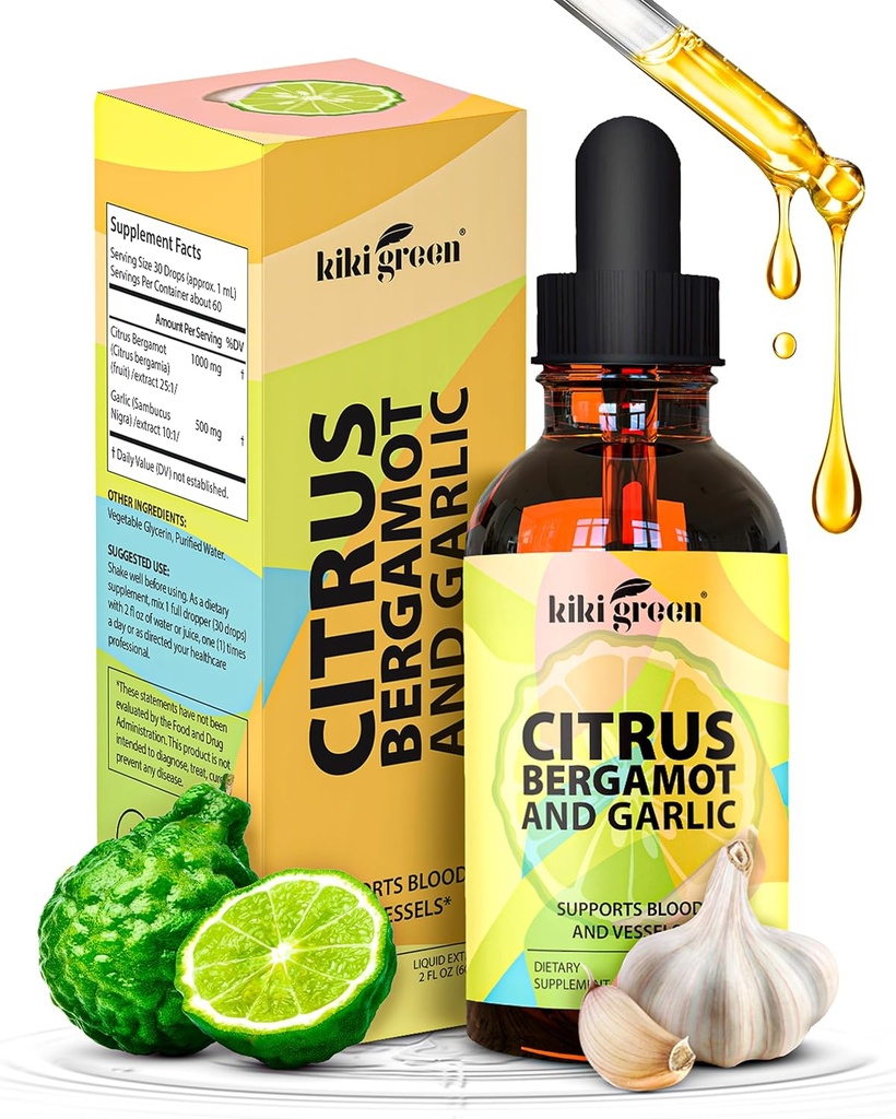 KIKI Green Liquid Citrus Bergamot & Garlic Extract - Citrus Bergamot 心脏健康、免疫系统支持和健康老化非GMO的补编,无胶质的补编2 Fl Oz。