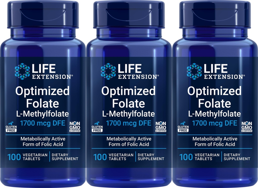 生命延长优化Folate 1700 mcg DFE,100个蔬菜片(3包)