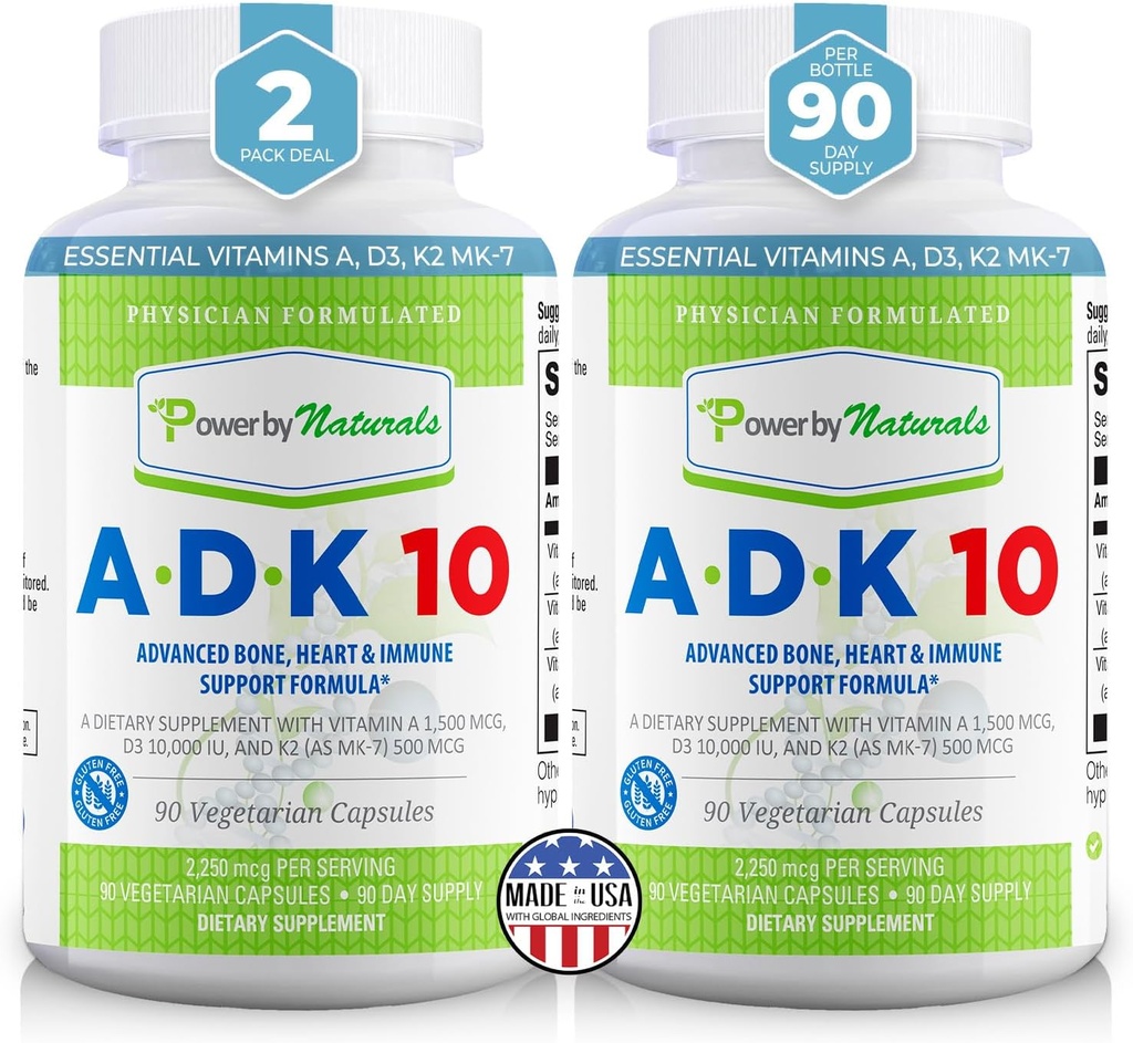 电力按自然而然的ADK维生素补充剂 – ADK 10 HighPotency 配有维生素A,D3 10,000 IU & K2 MK7 配有高级心脏,Immune & Bone 健康支持 – 90 Capsules, 2 Pack(6-Month Supplement)