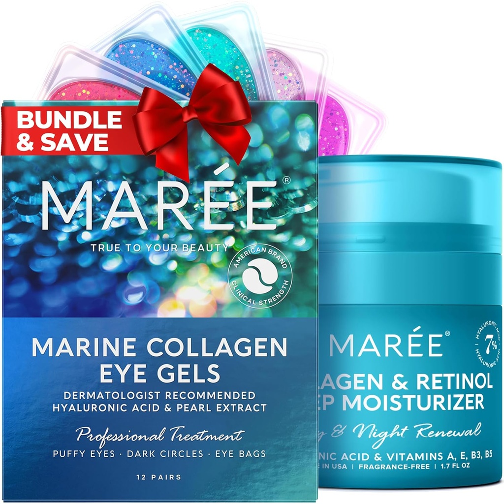 MAREE Eye Gels & Collagen Moisturizer Face Cream Bundle - 普菲眼和暗圆眼的眼皮下 Gels, 具有水化效应的抗衰老面皮凝胶 - 海洋Collagen & Hyaluronic Acid, Retinol