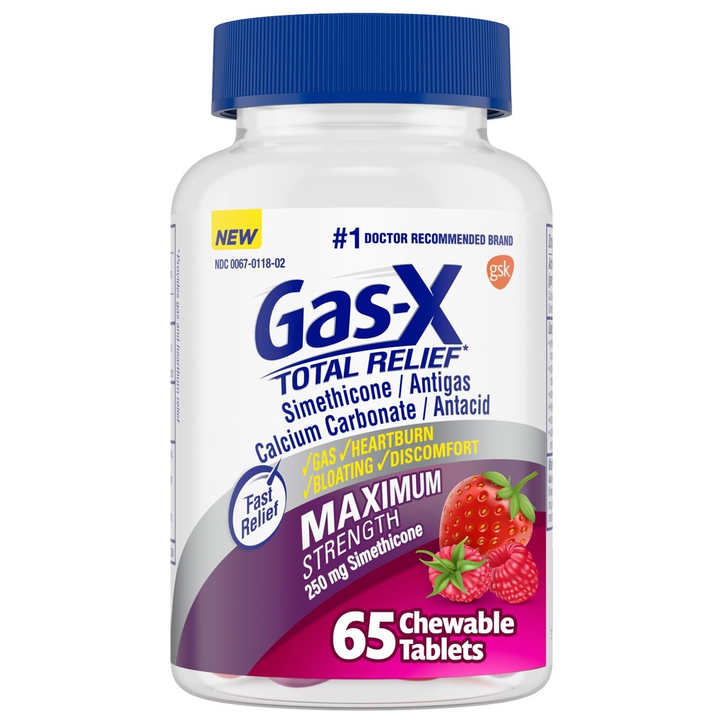 Gas-X 含最大强度气体减量的化学药片 250 mg 和 Heartburn 减量钙碳酸盐 750 mg , Bloating Relief, Mixed Berries - 65 count