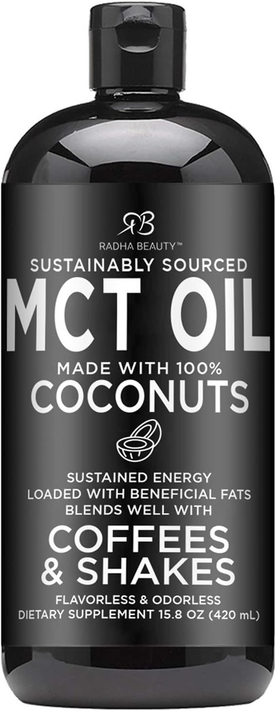 Radha Beauty Premium MCT Oil 仅由非GMO椰子制成 - 15.8oz. Keto, Paleo, Gluten Free和Vegan批准.