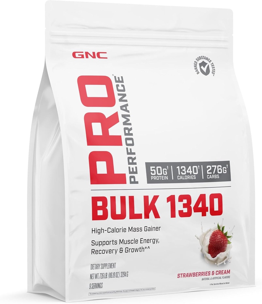 GNC Pro Perforce Bulk 1340 Mass Gainer蛋白粉,50g,Gluten Free,Whey,Creatine,BCAA,第3党测试,肌肉恢复和生长,微营养素,草莓和奶油,9种服务