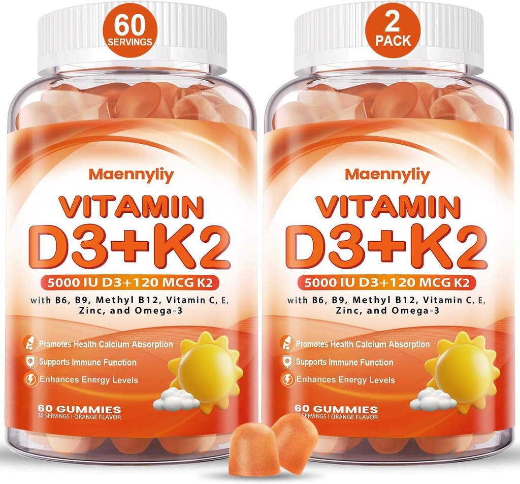 成人维生素D3 K2 Gummys - 维生素D3 5000IU + K2(MK-7)120mcg - 无糖D3和K2 配Omega-3,甲基B12,B9,B6,维生素E和锌 - 含钙吸收和免疫健康