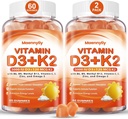 成人维生素D3 K2 Gummys - 维生素D3 5000IU + K2(MK-7)120mcg - 无糖D3和K2 配Omega-3,甲基B12,B9,B6,维生素E和锌 - 含钙吸收和免疫健康