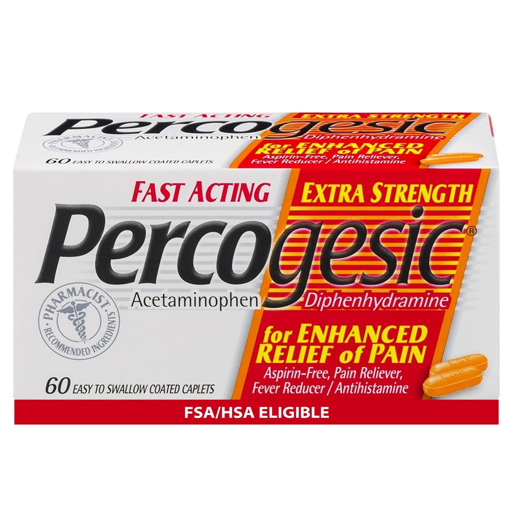Percogesic extrastrong Acetaminophen & Diphenhydronamine 止痛药,快速作用的Aspirin-Free Fever Reductioner & Antihistamine, 60 Counter