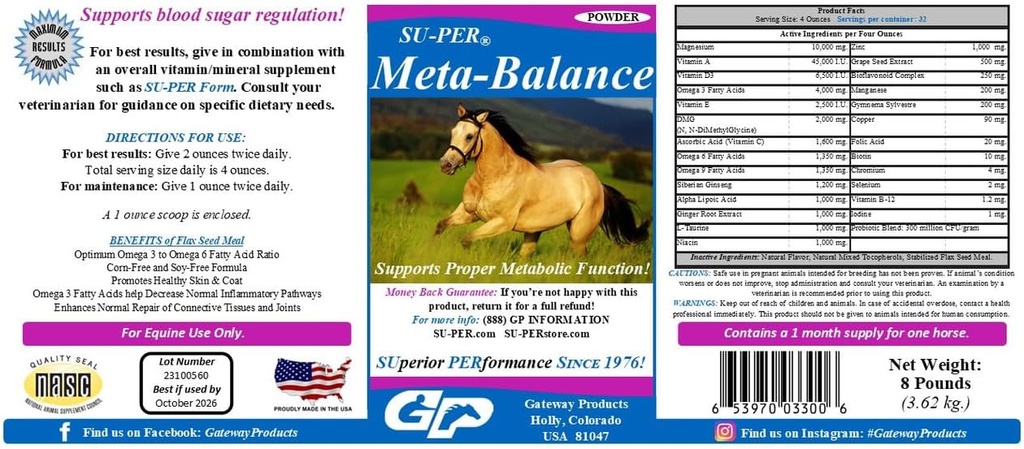 SU-PER Meta-Balance马的元素支持 - 血糖调控和消化性健康补充 - 马的维生素和矿物,草药提取,Probiotics - 8英镑,1个月供应量