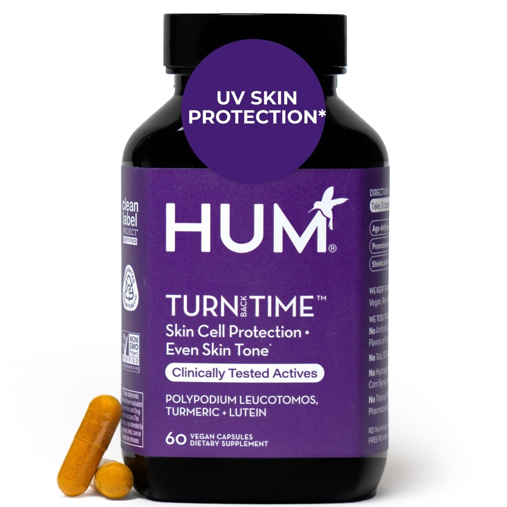 HUM 将青春外观皮肤支持的回转时间图尔克 附加绿色茶叶提取,Lutein & Polyphenols, Skin Care Golding & Collagen 支持 Capsules for Even Tone, 60 Vegan Capsules