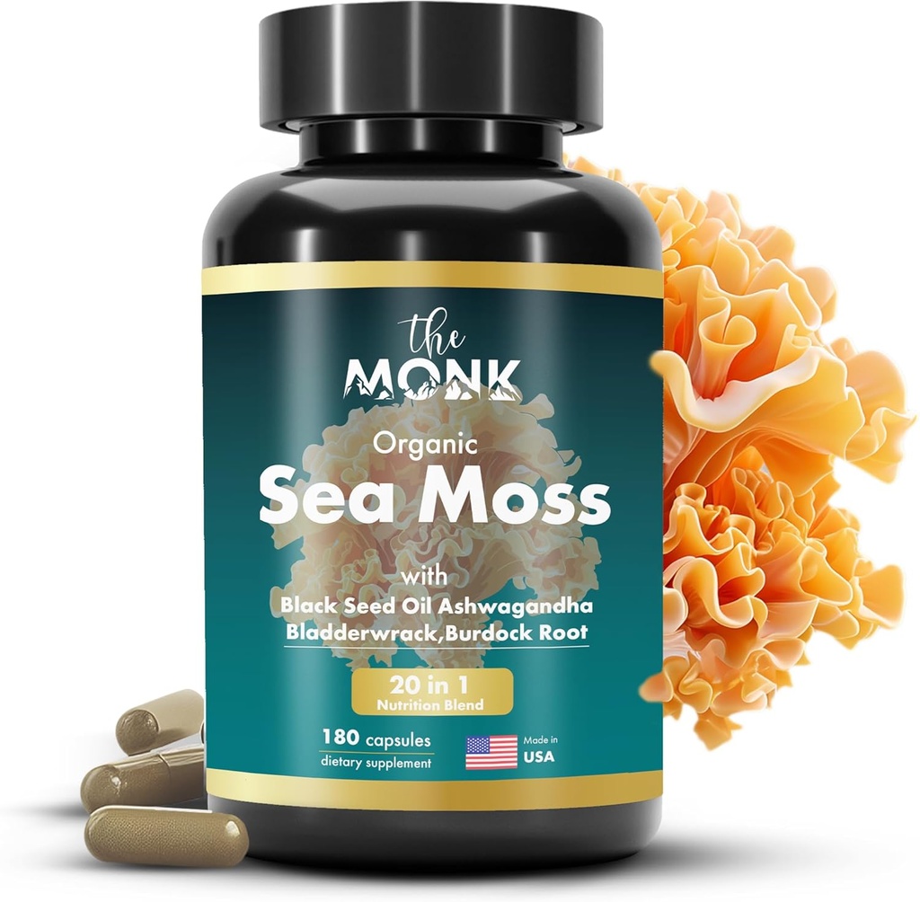 爱尔兰有机海 Moss Capsules - 高级公式,原始野生海摩斯补充剂 Bladderwrack和Burdock Root - 180 Pills - 美国制造