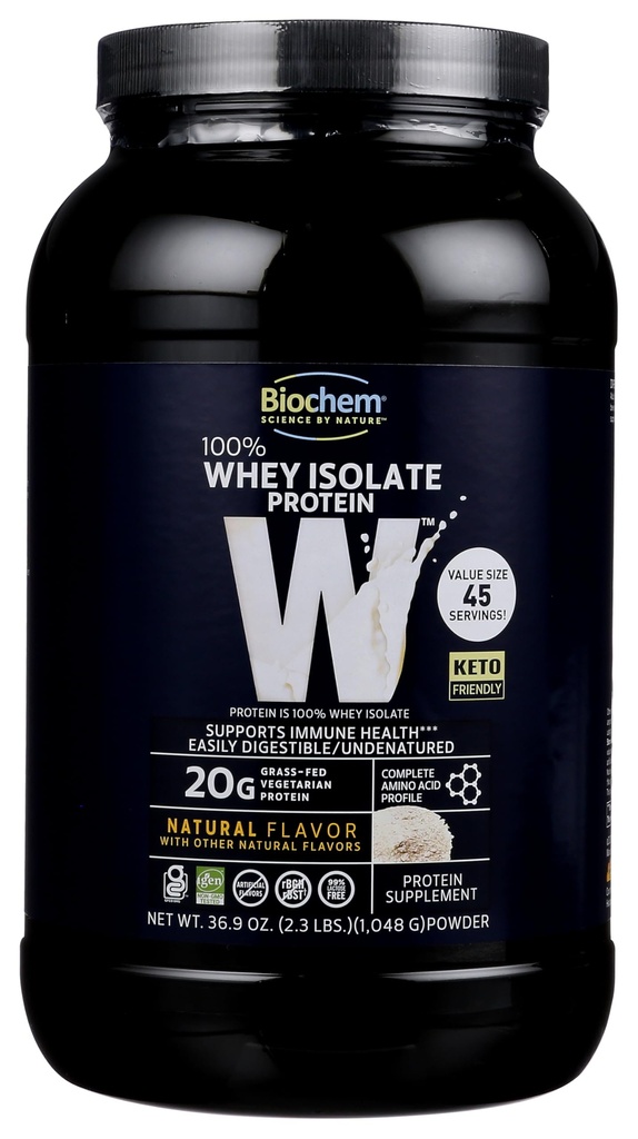 生物化学 100% Whey 隔离蛋白 - 天然Flavor - 20g of 蛋白质 - 前与后工作 - 食用替代 - Keto - 友好 - 易消化 - 丝绸般的平滑味 - 易混合(36.9 oz)