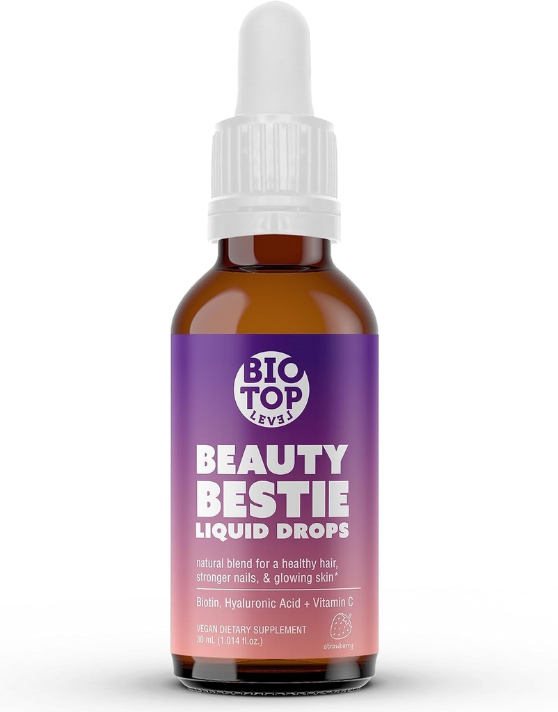 美女Bestie Vegan液滴,Biotin,维生素C,Hyaluronic酸,多惠维他命维他命复合剂支持健康发,皮肤和钉子生长,无糖1 fl oz.