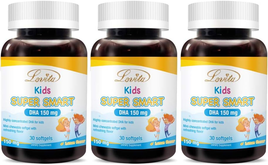 Lovita Kids Super Smart DHA,150mg DHA和30mg EPA of Omega 3 Fatty Acids,支持脑健康,天然柠檬Flavor,30 Chewable Softgels (Pack of 3)