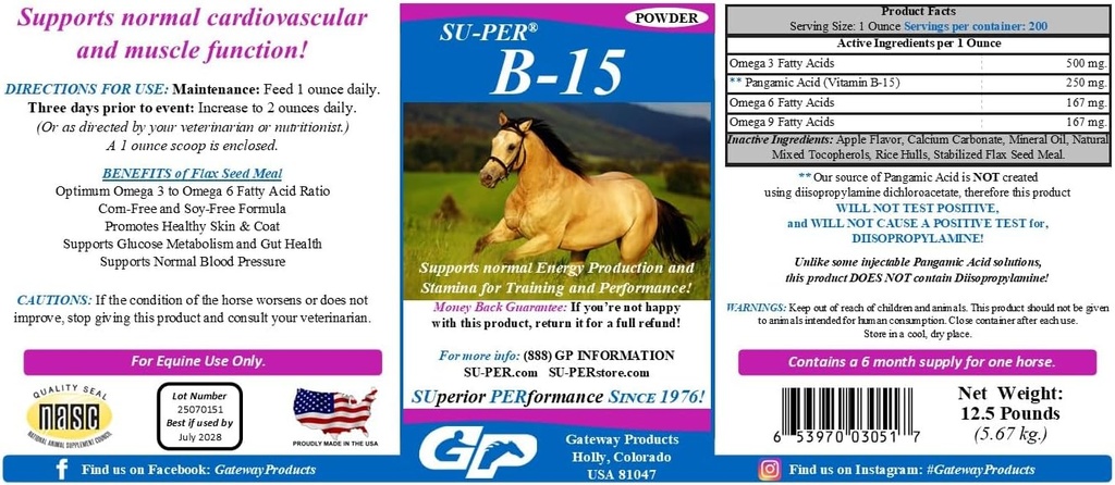 超级PER B-15 肉类补充剂-Equine Vitamin B-15 性能支持粉 - 12.5英镑,6个月供应量
