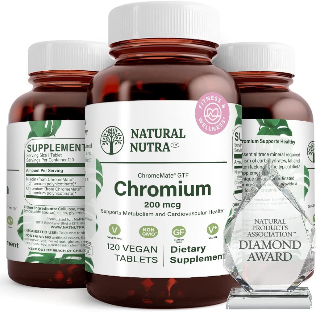 天然Nutra GTF 聚氮化铬与ChromeMate,支持身体代谢,支持心脏健康,保持身体脂肪水平,改善文摘,心血管健康,200毫克克,120 Vegan 片