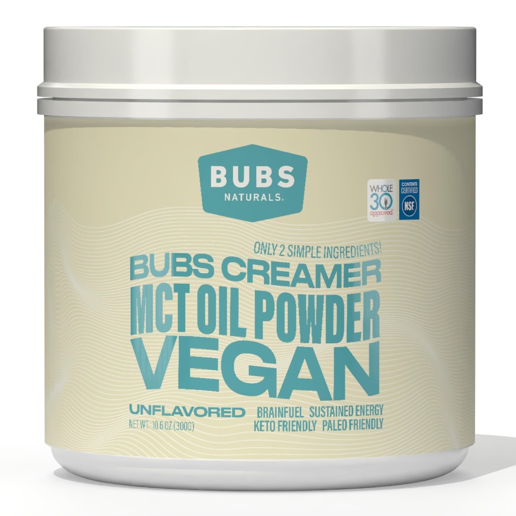 BUBS Naturals MCT 油粉 - Premium MCT 油和Keto Coffee Creamer - Vegan & Paleo 友好 - 健康椰子脂肪 + 低碳酸盐 - 摇摆、滑动和烘焙的无乳品能源来源(10.6 oz)