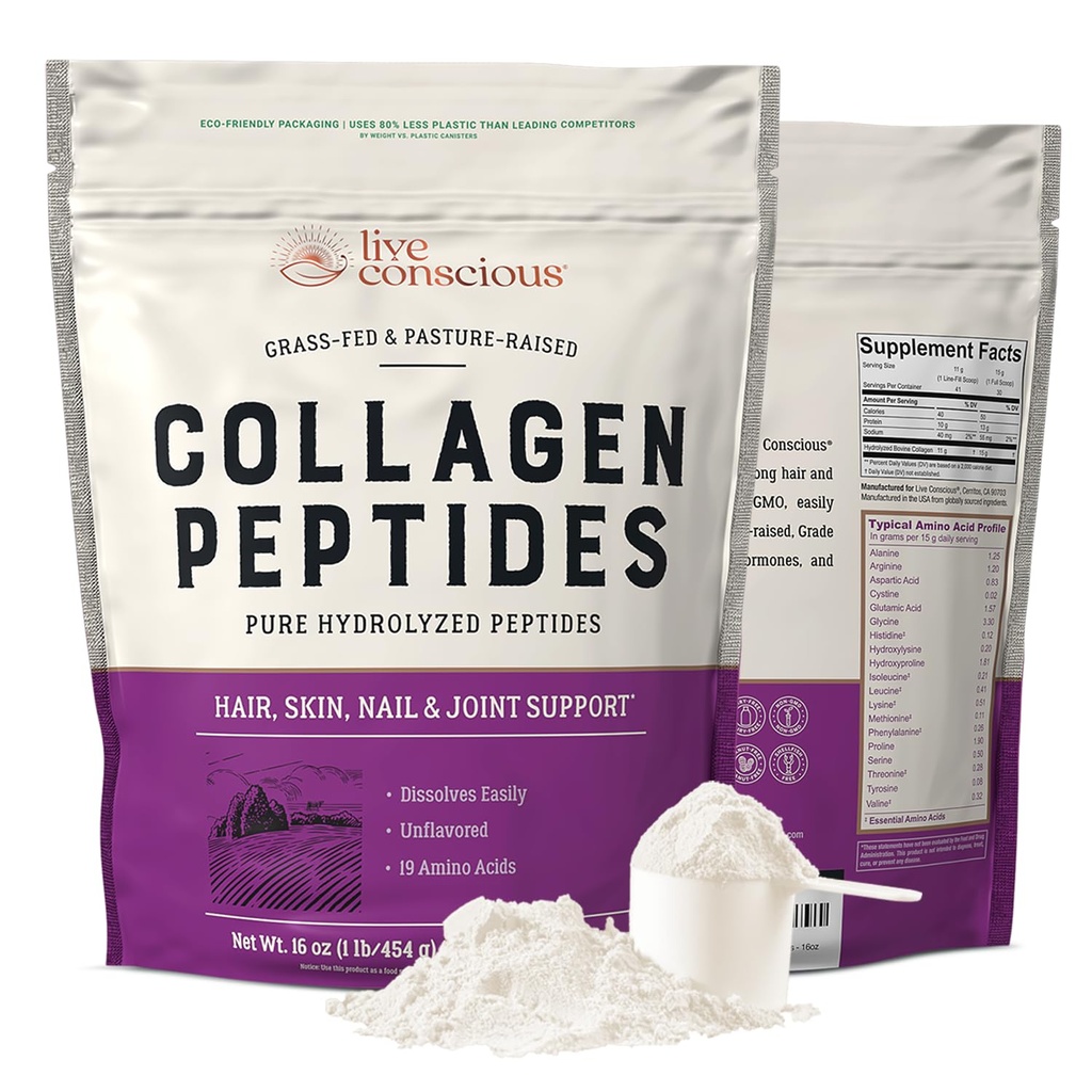 Live Agented Collagen Peptides Powder - 天然源水解Collagen Powder - 头发,皮肤,钉子,以及联合支持 - I & III型草-Fed Collagen 男女补充剂 - 16oz