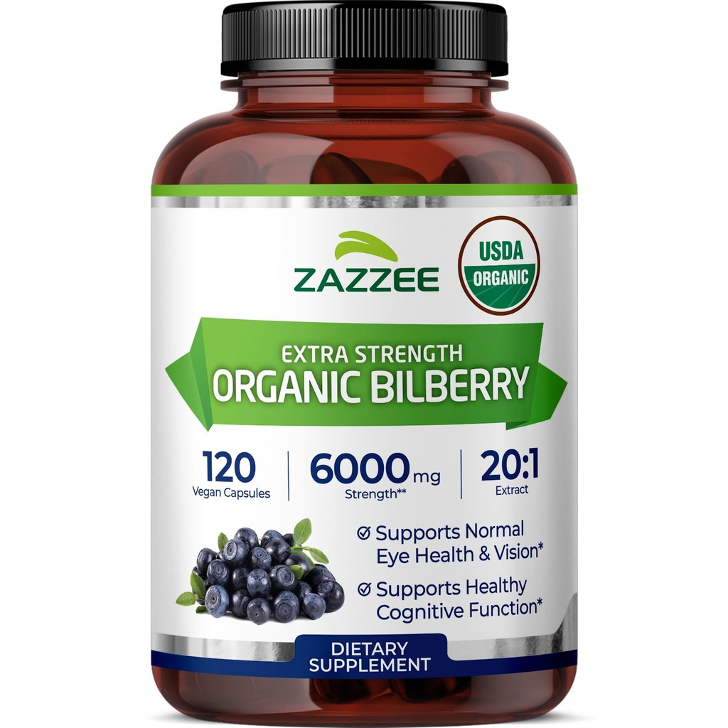 Zazzzee USDA 有机比尔贝里 20:1 提取,6000 mg 强度,120 Vegan Capsules, 4个月供应,标准化和集中 20X 提取,100% 蔬菜,全自然,非GMO,在美国制造