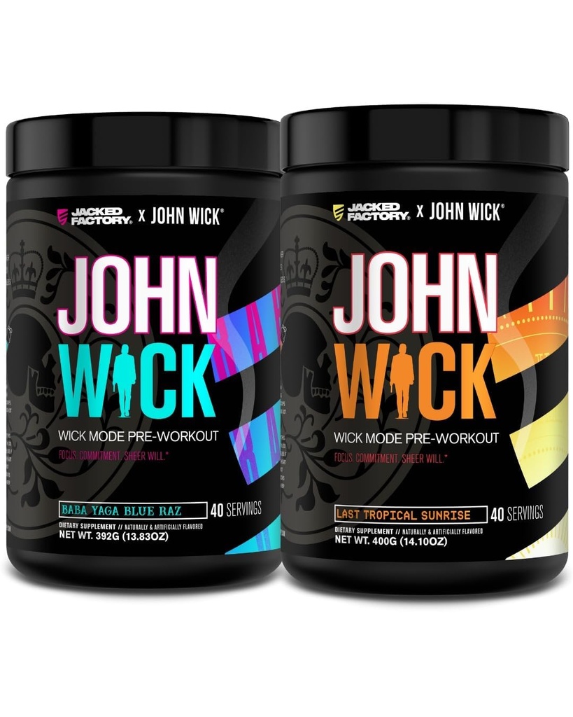 Jacked Factory X John Wick - Wick Mode Pre Workout Powder - 敏锐的能量,战斗准备焦点,不可阻挡的承诺,以及Sheer Will - Baba Yaga Blue Raz & Last Tropical Sunrise - 热带日出