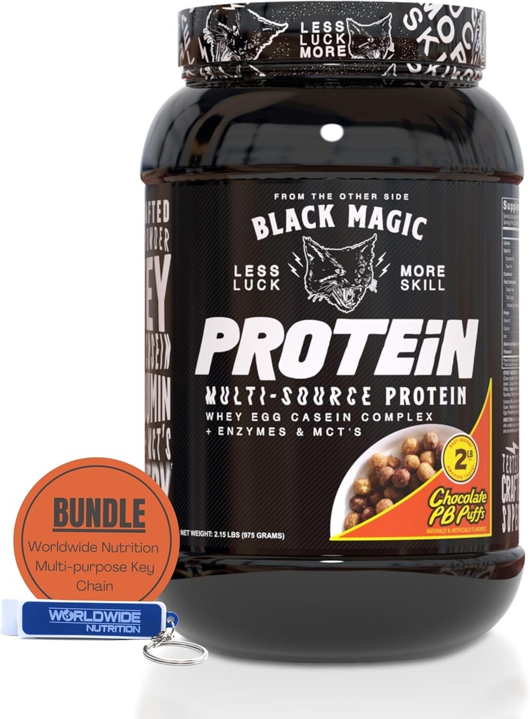 全世界营养包:黑魔法多源性蛋白质蛋白-Whey,蛋白蛋白酶,Micellar Casein & MCT-Muscle 大众增生体-Chocolate PB Puffs 2LB & Keychain