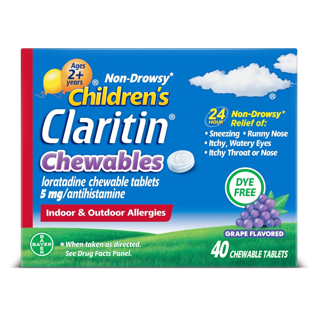 Claritin儿童过敏医学,24Hour非昏睡Loratadine 5mg Chewable 药片,2岁和2岁以上儿童抗西胺药片,葡萄火焰药片,40片药片
