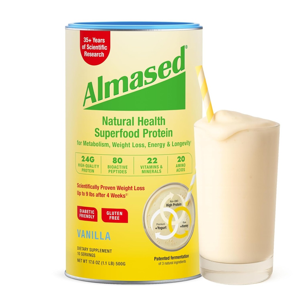 Almased Vanilla Meal Modern Shake - 低甘油高基植物蛋白质-营养体重健康支持补充剂 - Vanilla Flavor - 17.6 oz(1.1英镑(1包))
