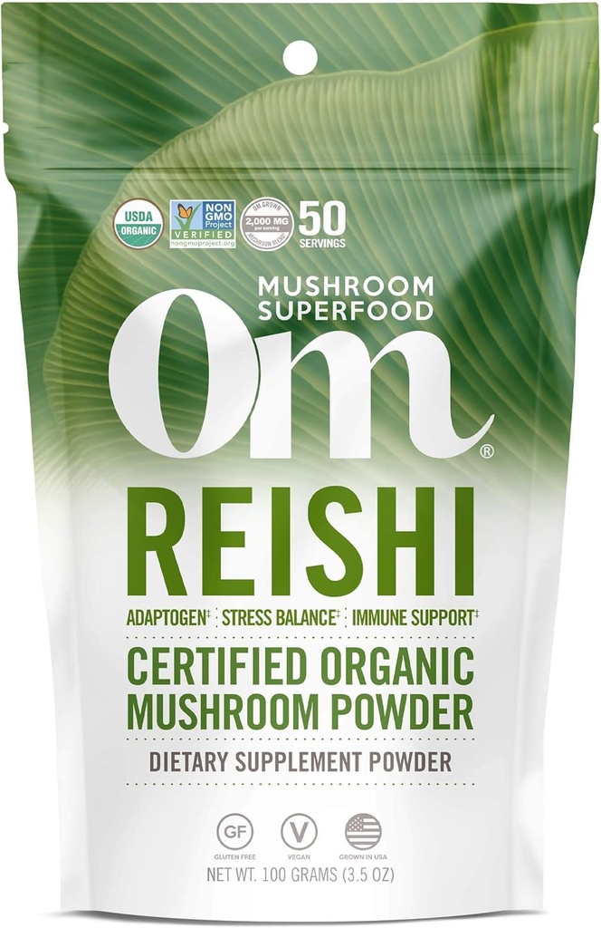 OM MUSHROOM SUPERFOOD ReISHI 有机蘑菇粉,3.5 Ounce,50种服务,适应原体,压力和免疫支持,超级食品蘑菇补充剂