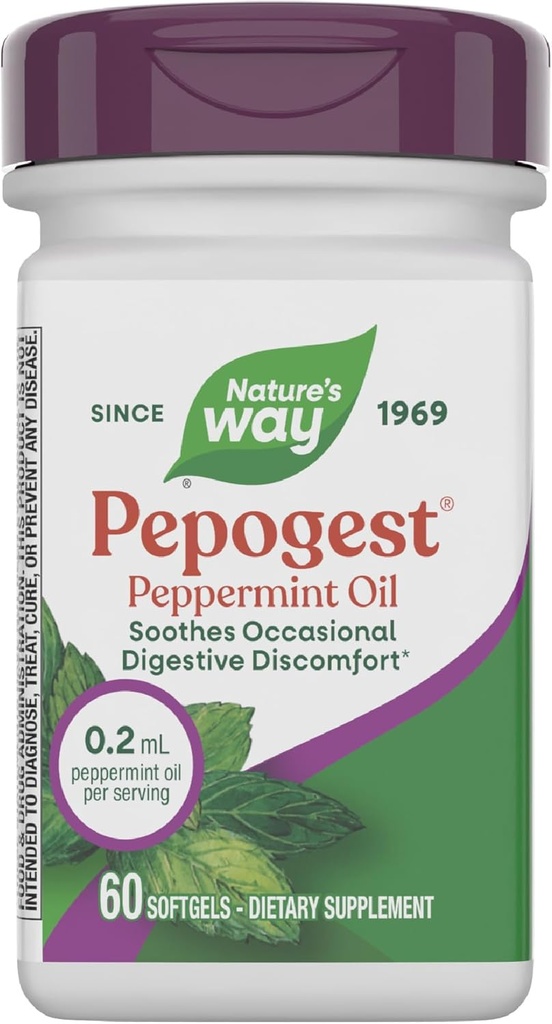 自然之路 Pepogest Peppermint Oil, Soothes 偶爾胃肠不适 *, 肠内皮 Peppermint Oil Softgels, 60 Softgels (Package May Vary)
