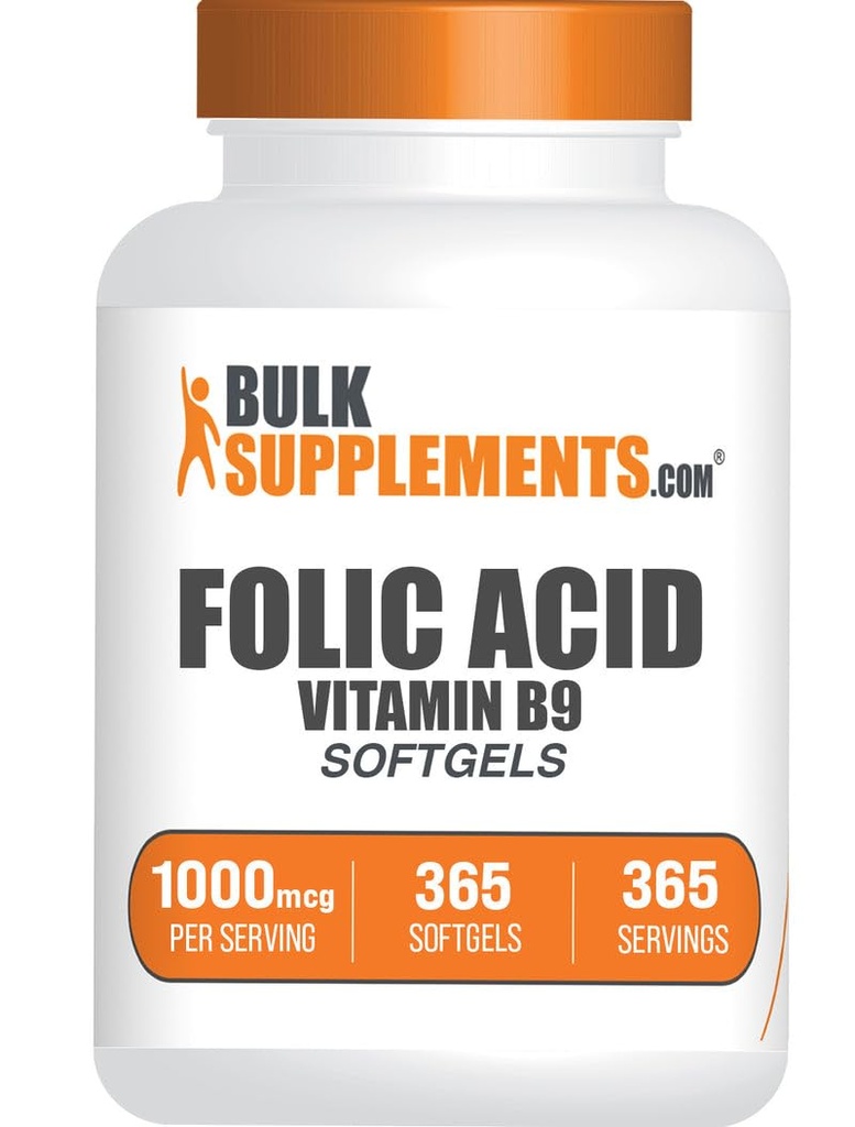 Bulk Assupports.com 叶酸软胶-维生素B9,叶酸1000mcg,叶酸Folate Supplement-Gluten Free,每服1软胶,365个计数(一包).