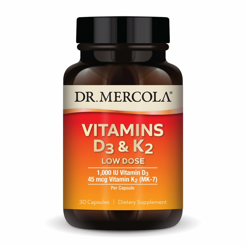 Mercola Vitamins博士 D3 & K2 低剂量 - 维持维生素D水平 - 支持Immune & Bone健康 - MenaQ7 Chickpea - 来源 K2 - 非GMO,Gluten-Free & Soy-Free - 30 Capsules (30位服务员)