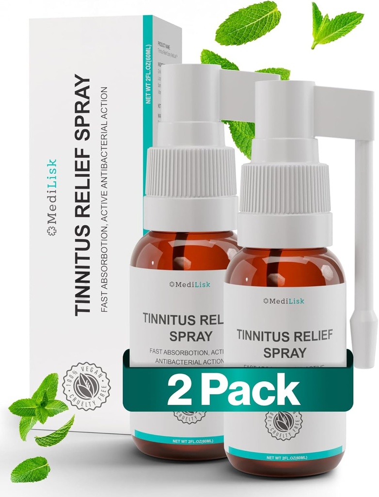 Medilisk Tinnitus Relief Spray – 支持Tinnitus Relief for Ring Ears – 草耳护理产品 – Tinnitus 治疗 – 非类固醇和假甲苯 – 1 Fl Oz – pack of 2