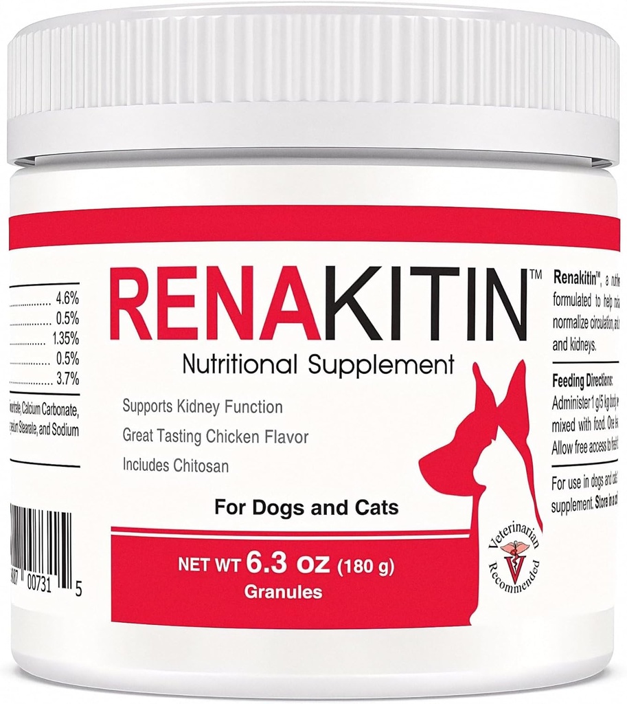Renakitin Kidney 狗猫补充剂 - 含有Chitosan & Calcium 碳酸盐,支持优化Kedney功能,大品味鸡肉 Flavor, 6.3 oz