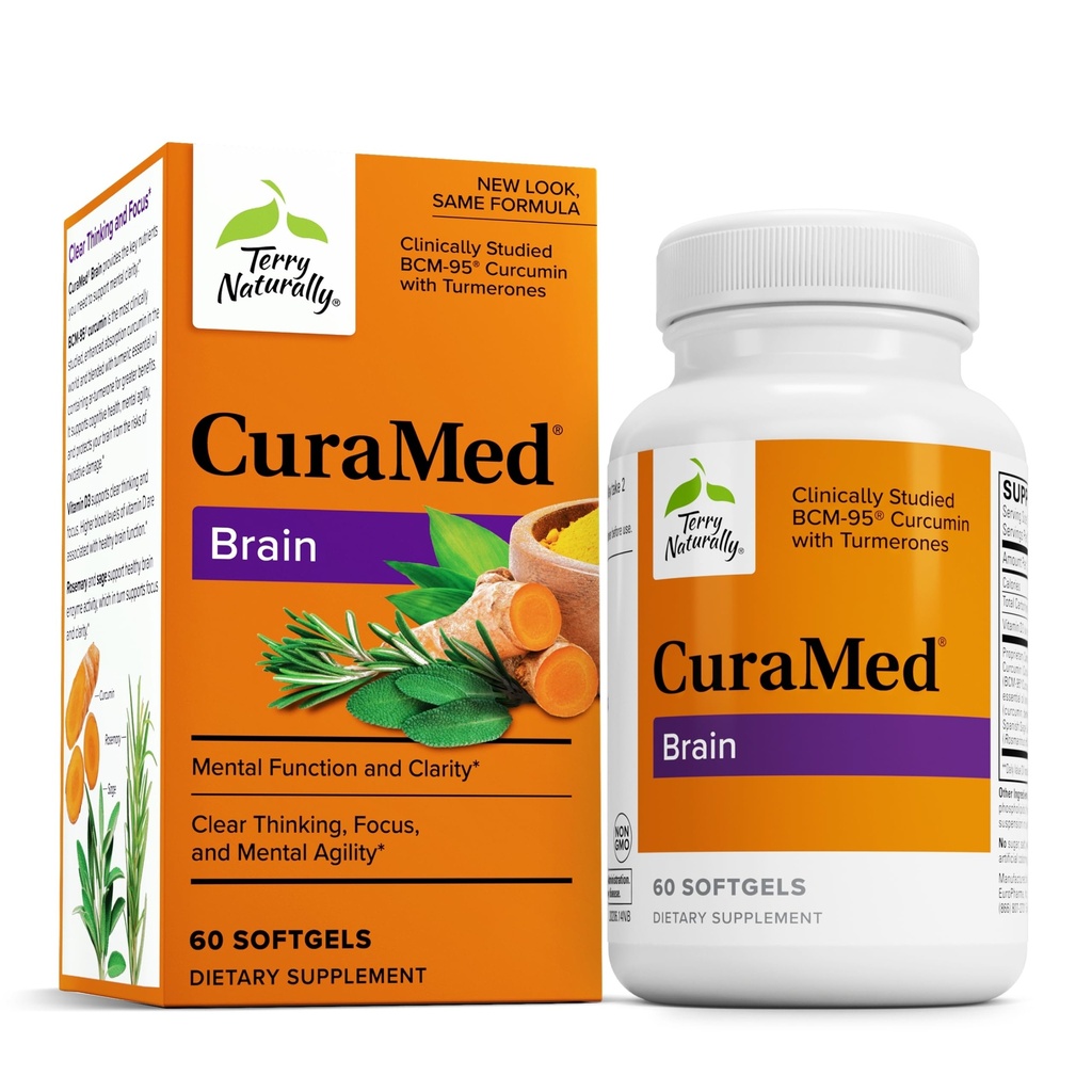 Terry自然 CuraMed Brain - 支持清晰和焦点的饮食补充 - 脑健康补充剂,配有Curcumin和Turmeric 必需油助燃浓度 - 60软胶