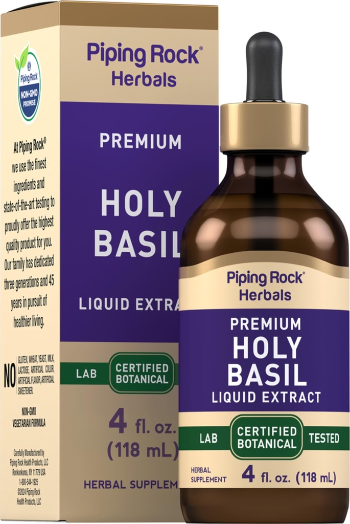 Piping Rock Holy Basil 液体提取 QQ 4 Fl Oz QQ Tulsi Leaf Tincture 植物学家,非GMO,Gluten免费补充
