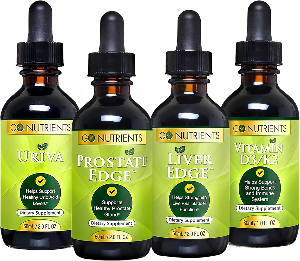 Go Nutrients Men's Health Bundle - Vitamin D3/K2, Liver Edge, Prostate Edge, Uriva - 综合支持骨骼, Liver, Prostate, 和Uric Acid Health - Boosts Energy, 生命力,以及防身