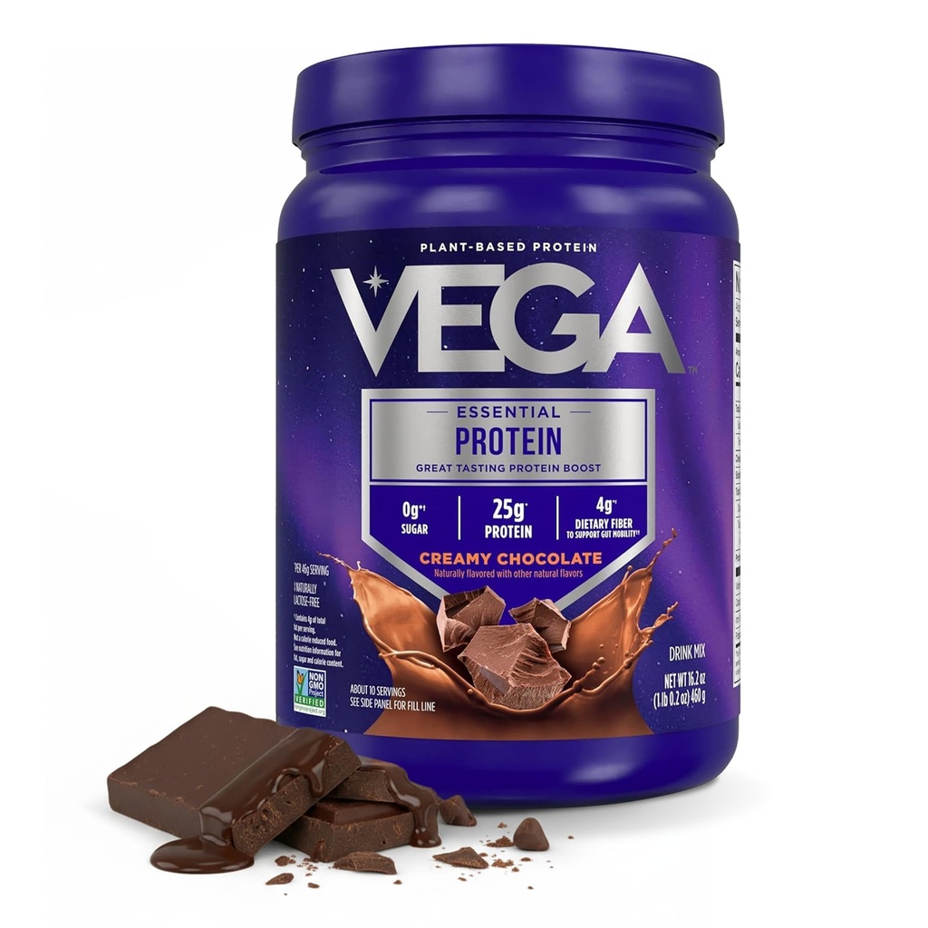 Vega原生基本蛋白 - 25g 植物蛋白,奶油巧克力,10种服务,Vegan Non-GMO 饮料混合剂,Smoothie & Shake Ready,Gluten Free,乳制品自由,16.2oz(包装May Vary)