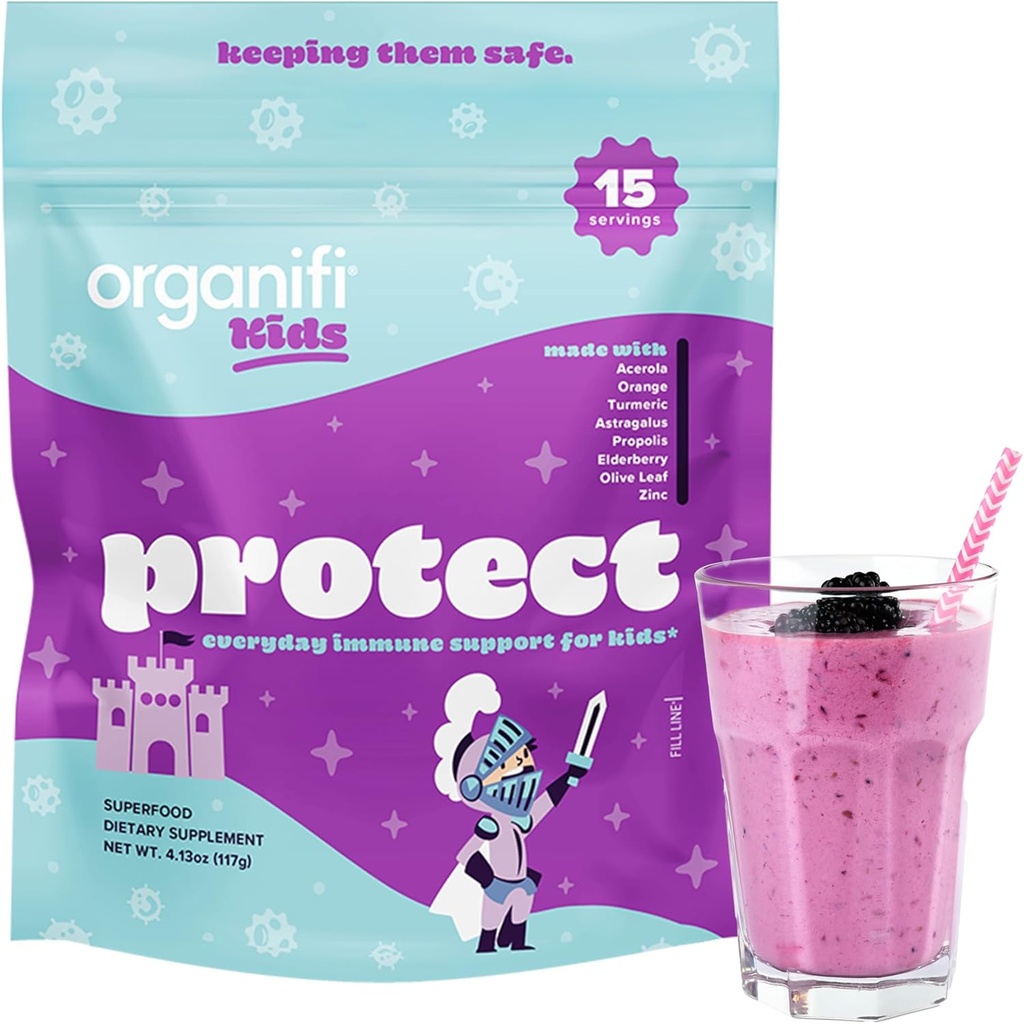 Organifi Kids: 保护 -- -- 向有长老莓、Acerola Cherry和锌的儿童提供日常免疫支持 -- -- Berry Flavored 豁免粉 -- -- 植物型、Vegan和无奶、奶或大豆 -- -- 15种服务