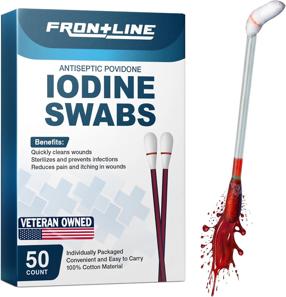 FrontLine Povidone Iodine Swabs、抗败毒Swabsticks、碘溶液、清洁棉花Swab、个人包装医疗用品、伤病护理、急救、伤病清理器、50盒