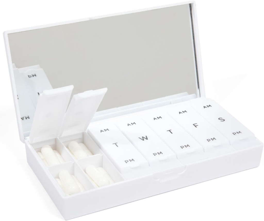 PORT X POLISH 设计师 每周药盒组织者(AM/PM 2X Daily, Crisp White) QQ Concord, 时尚7天维生素补充案例 QQ可爱便携式小旅行药品 载体 QQ BPA免费药盒 Caddy